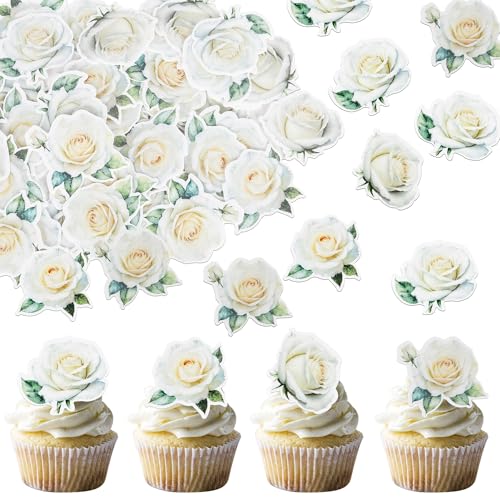 Xsstarmi 50 Stück essbare weiße Rose Cupcake Toppers Essbare Oblaten Papier Rose Kuchen Dekorationen Essbare Blume Kuchen Dekorationen für Blumen-Thema Babyparty Hochzeit Geburtstag Party Kuchen von Xsstarmi