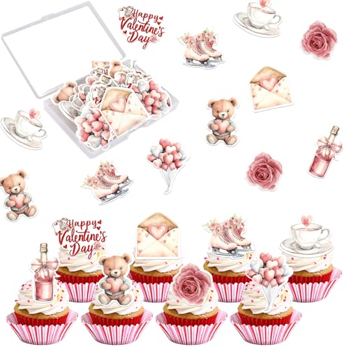 Xsstarmi 60 Pack Essbar Valentinstag Cupcake Toppers Reispapier Dating Blume Kaffee Cupcake Picks for Alles Gute zum Valentinstag Party Kuchendekoration von Xsstarmi