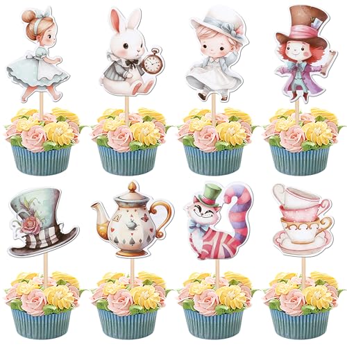 Xsstarmi Alice im Wunderland Cupcake-Topper, magische Smiley-Katze, März, Hase, Cupcake-Picks, verrückter Hutmacher, Teeparty, Kuchendekorationen für Alice im Wunderland, Babyparty, Geburtstagsparty, von Xsstarmi