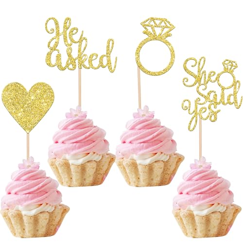 Xsstarmi Cupcake-Aufsätze mit Aufschrift "He Asked She Said Ye", glitzernd, Herz, Ring, Junggesellinnenabschied, Cupcake-Picks für Hochzeit, Verlobung, Brautparty, Motto-Party, Kuchendekorationen, von Xsstarmi