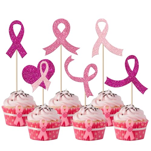 Xsstarmi Cupcake-Aufsätze mit Brustkrebs-Motiv, glitzernd, rosa Schleife, Kampf, Hoffnung, Glauben, Brustkrebs-Bewusstsein, Cupcake-Picks für Brustkrebs, Party-Kuchendekorationen, 24 Stück von Xsstarmi