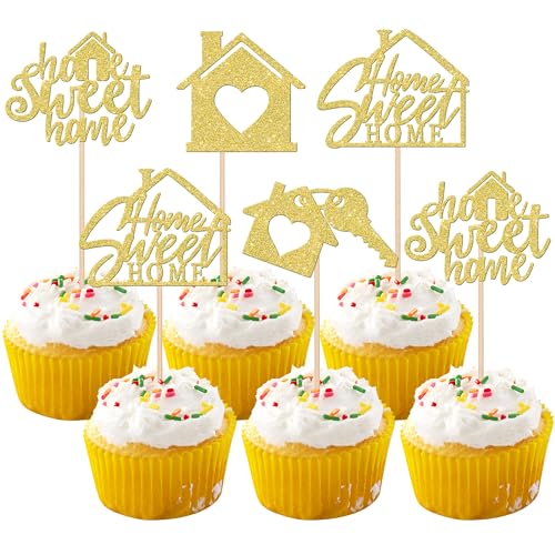 Xsstarmi Cupcake-Aufsätze mit Glitzer-Motiv, Warm, Hausschlüssel, Einweihungsfeier, Cupcake-Picks für neues Zuhause, Themenparty, Kuchendekorationen, Zubehör, Gold, 24 Stück von Xsstarmi