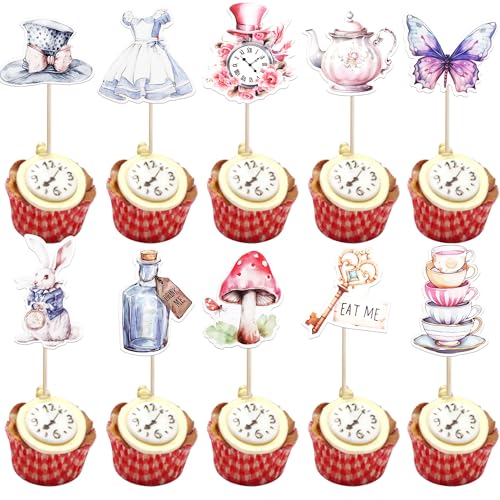 Xsstarmi Cupcake-Aufsätze mit Wunderland-Thema, Glitzer, Alice Girl, Schmetterling, Schlüssel, Hase, Cupcake-Picks, verrückter Hutmacher, Teeparty, Kuchendekorationen für magisches Wunderland, von Xsstarmi