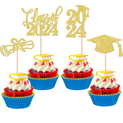 Xsstarmi Cupcake-Topper, Klasse 2024, glitzernd, Abschlussfeier, Party-Dekorationen, Klasse 2024, Diplom, Cupcake-Picks für Abschlussfeier, Mottoparty, Kuchendekorationen, Gold, 36 Stück von Xsstarmi