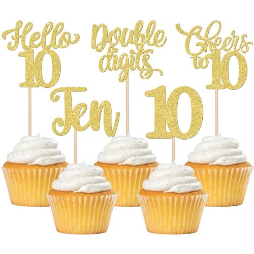 Xsstarmi Cupcake-Topper "Happy 10th Birthday", goldfarben, glitzernd, Hello 10 fabelhafte zehn zweistellige Cupcake-Picks, Cheers to 10 Birthday Kuchendekorationen für Happy 10th Birthday, von Xsstarmi