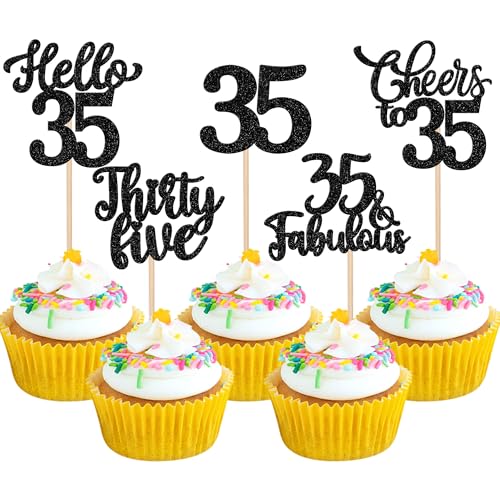 Xsstarmi Cupcake-Topper "Happy 35th Birthday", schwarzer Glitzer, Hello 35 Fabulous Forty Birthday, Cupcake-Picks, Cheers to 35 Years Kuchendekorationen für Happy 35th Birthday, Partyzubehör, 30 Stück von Xsstarmi