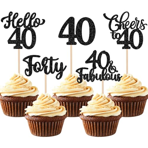 Xsstarmi Cupcake-Topper "Happy 40th Birthday", schwarzer Glitzer, Hello 40 Fabulous Forty Birthday, Cupcake-Picks, Cheers to 40 Years Kuchendekorationen für Happy 40th Birthday, Partyzubehör, 30 Stück von Xsstarmi