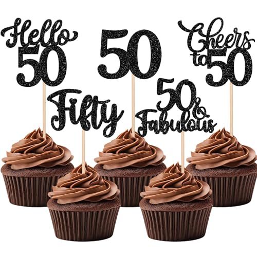 Xsstarmi Cupcake-Topper "Happy 50th Birthday", schwarzer Glitzer, Hello 50 Fabulous Fifty Birthday, Cupcake-Picks, Cheers to 50 Years Kuchendekorationen für Happy 50th Birthday, Partyzubehör, 30 Stück von Xsstarmi