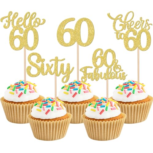 Xsstarmi Cupcake-Topper "Happy 60th Birthday", goldfarben, glitzernd, Hello 60, Fabulous Fifty Birthday, Cupcake-Picks, Cheers to 60 Years Kuchendekorationen für Happy 60th Birthday Partyzubehör, 30 von Xsstarmi