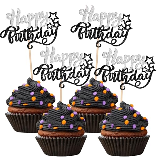 Xsstarmi Cupcake-Topper "Happy Birthday", glitzernd, für Babyparty, Geburtstagsparty, Kuchendekoration, silberfarben, schwarz, 24 Stück Xsstarmi Cupcake-Topper "Happy Birthday", glitzernd, für Babyparty, Geburtstagsparty, Kuchendekoration, silberfarben, schwarz, 24 Stück von Xsstarmi