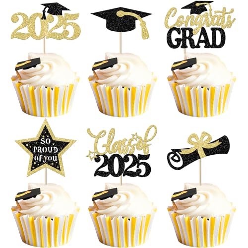 Xsstarmi Cupcake-Topper für Abschlussfeier 2025, goldfarbene Glitzerkappe, Diplom, Congrats Grad Klasse 2025, Cupcake-Picks, Dekorationen für "So Proud of You" 2025, 24 Stück Xsstarmi Cupcake-Topper für Abschlussfeier 2025, goldfarbene Glitzerkappe, Diplom, Congrats Grad Klasse 2025, Cupcake-Picks, Dekorationen für "So Proud of You" 2025, 24 Stück von Xsstarmi