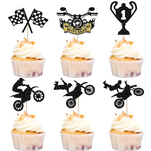 Xsstarmi Cupcake-Topper für Motorrad, Glitzer, Trophäe, Rennen, Cupcake-Picks, Motocross-Dirt-Bike-Dekorationen für Sport, Motocross-Thema, Geburtstagsparty, Schwarz, 24 Stück von Xsstarmi
