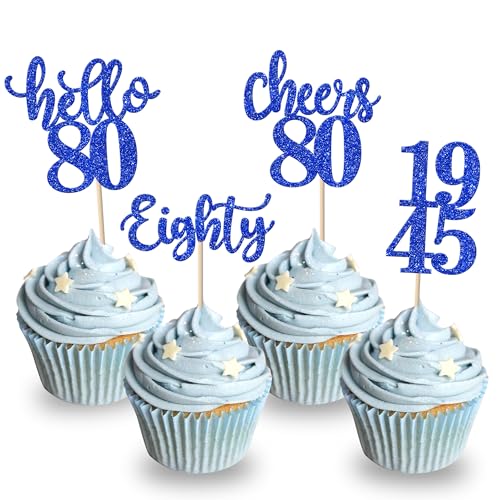 Xsstarmi Cupcake-Topper mit Aufschrift "Hello 80 Birthday", blauer Glitzer, 80 Stück, 24 Stück von Xsstarmi