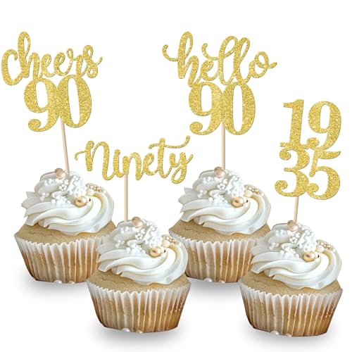 Xsstarmi Cupcake-Topper mit Aufschrift "Hello 90 Birthday", goldfarben, glitzernd, Ninty Fabulous Legend Since 1995, Cupcake-Picks Cheers to 90 Years Kuchendekorationen für Happy 90th Birthday von Xsstarmi