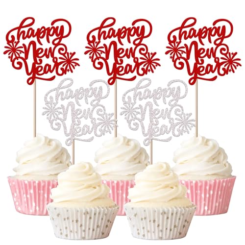 Xsstarmi Cupcake-Topper mit Glitzer-Feuerwerk, Cheers to 2025, Dekoration für Happy New Year 2025, Party-Kuchendekorationen, 24 Stück von Xsstarmi