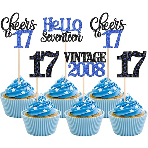 Xsstarmi Cupcake-Topper zum 17. Geburtstag, blauer Glitzer, 17 Hello Seventeen Vintage 2008, Cupcake-Picks, Cheers to 17. Geburtstag, Kuchendekorationen für 17. Geburtstag, Partyzubehör, 24 Stück Xsstarmi Cupcake-Topper zum 17. Geburtstag, blauer Glitzer, 17 Hello Seventeen Vintage 2008, Cupcake-Picks, Cheers to 17. Geburtstag, Kuchendekorationen für 17. Geburtstag, Partyzubehör, 24 Stück von Xsstarmi