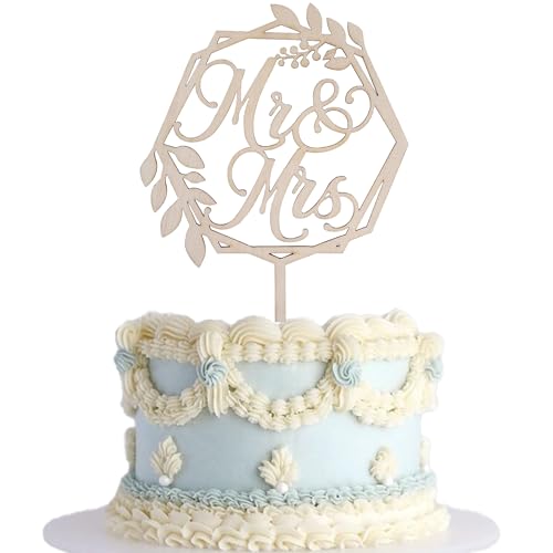 Xsstarmi Tortenaufsatz mit Aufschrift "Mr & Mrs" aus Holz, Blätter, Kranz, Hochzeit, Verlobung, Kuchenspieße, Brautparty, Thema, Geburtstag, Party, Kuchendekoration, Zubehör, 1 Stück von Xsstarmi