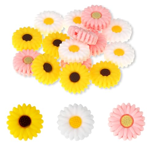 15 x Sonnenblumen-Silikonperlen, bunt, fokale Silikonperlen, niedliche Gänseblümchen, lose Silikonperlen, flache Blumenform, Abstandshalter für DIY, Schlüsselanhänger, Schlüsselbänder, Stifte, von Xthrotsenk