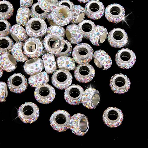 50 Stück Große Loch Strass Europäische Perlen 12×6.5mm Diamant Rondelle Abstandshalter Perlen AB Farbe Kristall Große Loch Charm Bastelperlen für DIY Halskette Armband Ohrring Schmuckherstellung von Xthrotsenk