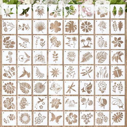 64 Stück Blumen Schablone zum Malen Kunststoff Schablonen Blumenschablonen zum Malen 5.5x4cm Blätter Vogel Zeichnung Malschablonen DIY Malerei Vorlagen für Scrapbooking Wand Fliesen Holz Boden von Xthrotsenk