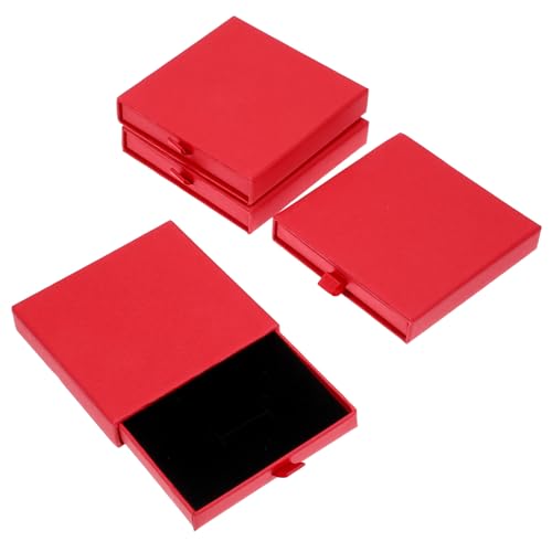 Xthrotsenk 4 Stück Schmuck Box Rot Schmuck Geschenkbox Karton Schmuckschatullen Kleine Schmuckschatulle Rot Schmuckdisplaybox Ausziehbare Geschenkbox für Halsketten, Ringe, Ohrringe (9 x 9 x 1,8 cm) von Xthrotsenk