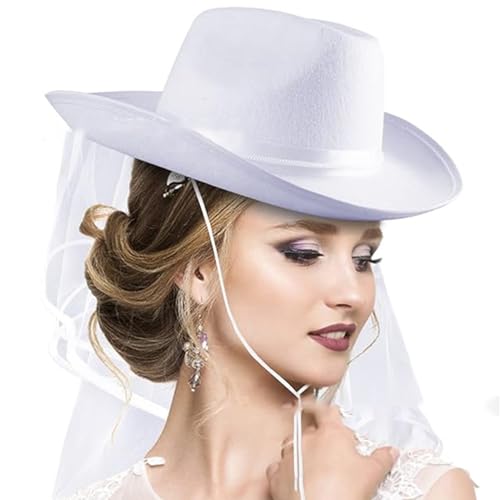 Xuanxi Braut-Cowboyhut mit Schleier, Junggesellinnenabschied, weißer Cowgirl-Hut, Hochzeit, Brautparty, Dekoration, Junggesellinnenabschied, Cowgirl-Hut mit Schleier, Junggesellinnenabschied von Xuanxi