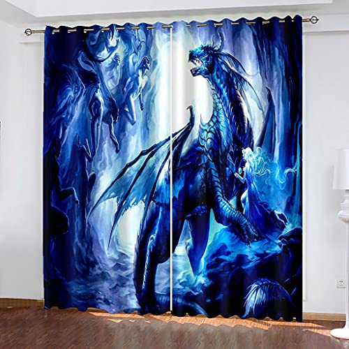 Vorhang Blickdicht Verdunkelungs Vorhänge Gardinen Wohnzimmer Schlafzimmer Kinderzimmer Mädchen Junge Thermovorhang Ösenvorhang 2Er Set 3D Druck Personalisierter Blauer Drache Dekoschals Fensterdek von Xuexue Shopping Store