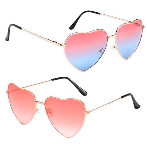 2 Paar Herz Brille, AC Herz Sonnenbrille, Hippie Gläser, Party Brille Rosa, Retro Party Sonnenbrille für 70er 80er 90er Fasching Halloween Kostümparty Rock Party Fotografie (Rosa Rosa und Blau) von Xuigort