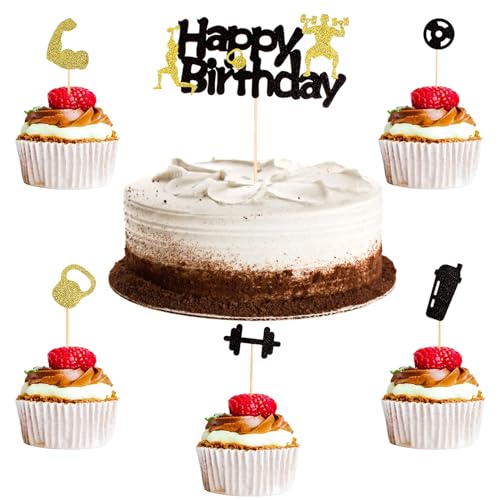 21 Stück Fitness Kuchen Dekorationen, Fitness Cupcake Topper, Papier Hantel Thema Kuchen Deko, Wasserbecher Muskel Glitzer Party Zubehör Sport Männer Gym Powerlifter Geburtstagsfeiern Schwarz Gold von Xuigort