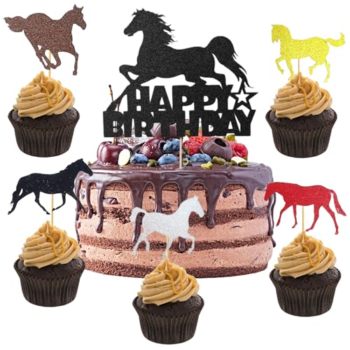 21 Stück Pferde Kuchendeckel Tortendeko, 1Stück Schwarz Glitter Pferde Tortendeko Geburtstag mit 20 Stück Pferde Sport Cupcake Topper, Pferd Happy Birthday Tortendeko für Pferdesport Themen von Xuigort