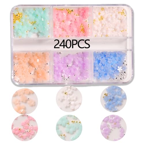 240 Stück Nail Charms, Blumen Nagel Deko Charms, mit Gold und Silberperlen, Nagel Zubehör für Mädchen, Frauen, DIY Nageldesign, Basteldekoration(6 Farben) von Xuigort