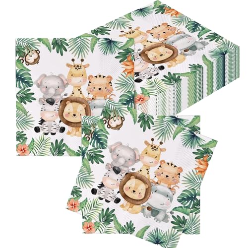 40 Stück Servietten Kindergeburtstag, Tiere Servietten Dschungel Geburtstag Tischdeko Motiv, Grün für Waldtiere und Servietten Tiere 33 x 33 cm Jungen Tischdeko Party Deko von Xuigort