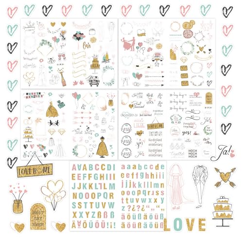 5 Stück Sticker Hochzeit, 29x19 cm Hochzeit Gästebuch Aufkleber, PET Liebe Fotoalbum Aufkleber, für Deko Geschenk Erwachsene Kinder Herz Pastell Grußkarte Glitzer segnet Eukalyptusblätter Krone von Xuigort