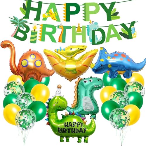 Dino Geburtstag Deko Set, Dinosaurier Folienballons mit Happy Birthday Girlande, Luftballons Grün für Dinosaurier Party Dekoration Dschungel Party Kinder von Xuigort