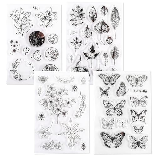 Silikonstempel Set, 4 Blätter Silikonstempel, Clear Stamps, Blumen Farn Schmetterling Pflanzen Sprüche Stempe für DIY Bullet Journal Scrapbooking Stampin up Stempel Geburtstag Fotoalbum, (4 Stile) von Xuigort