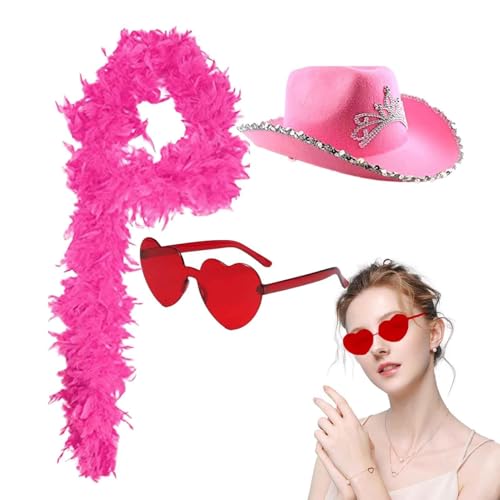 Xujuika Rosa Cowboyhut - Cowgirl Kostüm Tiara Krone Herz Sonnenbrille - Hautfreundliche Party-Deko-Kleidung für Disco-Space-Outfit Last Rodeos von Xujuika