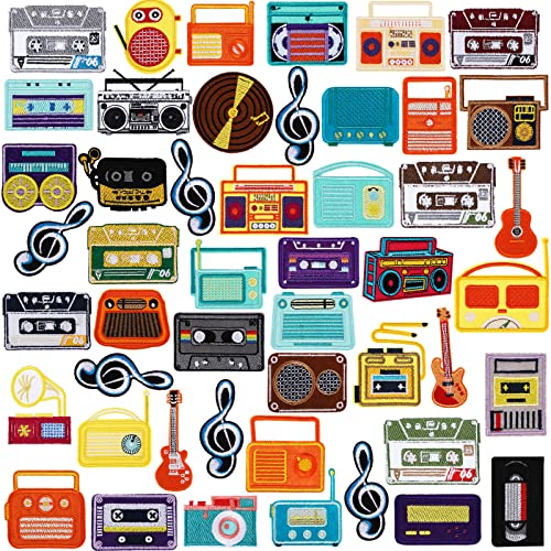 48 Stück Musik-Stil Patches Aufkleber Musik Thema Bügelbild Klebeband Radio Gitarre Kopfhörer Note Stickerei Vintage Patches Nähen Applikation Patches für Kleidung Hüte Rucksack Kleidung DIY Zubehör von XunYee