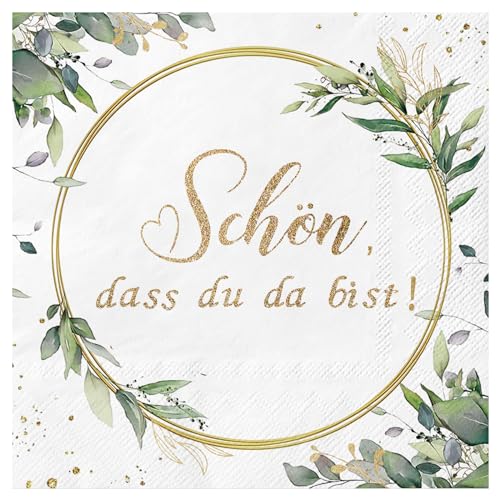 40 Stück Servietten Schön Dass Du Da Bist, 3-Lagige Servietten Eukalyptus Grün Einladung Kommunion Weiß Tischdeko Geburtstag Hochzeit Taufe Konfirmation Party Deko von Xunerloy