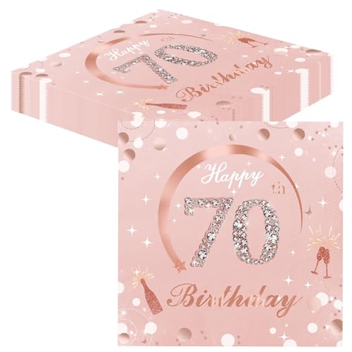 Servietten 70 Geburtstag Frau, 40 Stück Rosa Gold 70 Geburtstag Servietten, Happy Birthday Party Servietten 3-Lagig Tischdeko 70 Geburtstag Einweg Papierservietten (Rosa70th) von Xunerloy