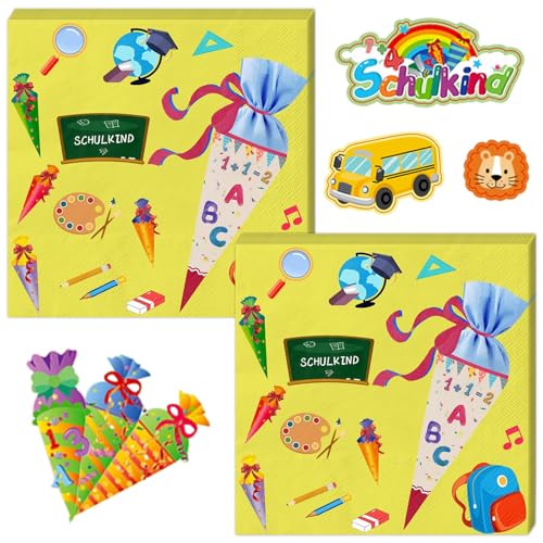 Schulanfang Einschulung Deko Bunt 40Stück Servietten Einschulung Gelb (3-Lagig) +6 Blätter Einschulung Sticker Aufkleber Zuckertüten ABC 123 Set für Mädchen Jungen von Xunerloy