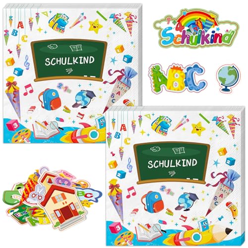 Schulanfang Einschulung Deko Bunt 40Stück Servietten Einschulung Weiss (3-Lagig) +6 Blätter Einschulung Sticker Aufkleber Zuckertüten ABC 123 Set für Mädchen Jungen von Xunerloy