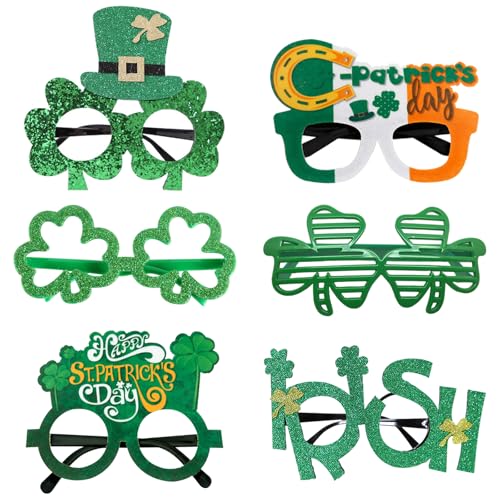 St. Patrick's Day Brille, 6 Stück, St. Patrick's Day Zubehör, Neuheit Kunststoff Brillenrahmen, grünes Kleeblatt, irische Glücksbrille, ausgefallene Party-Kostüm, Foto-Requisite für Kinder, Damen, von Xunerloy