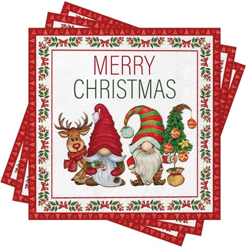 Xunerloy 40Stück Weihnachten Servietten Weihnachtsservietten mit Wichtel Gnome Servietten Weihnachten Deko Geburtstag Rot Merry Christmas Napkins Winter Weihnachts Tischdeko Papierservietten von Xunerloy