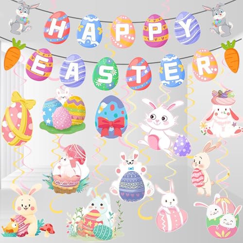 Xunerloy Happy Easter Hanging Decorations, Happy Easter Banner Easter Foil Hanging Swirl Streamers Decorations Easter Bunting for Easter Party Favors Decoration Garden School Wall Window Ceiling von Xunerloy