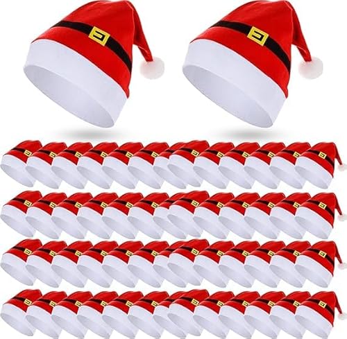 Xuzhengyang 50 Stück Weihnachtsmützen 30 x 40 cm Weihnachtsmütze, Vliesmütze, Weihnachtsmütze mit Plüschbommel, Unisex, Weihnachtsmütze von Xuzhengyang