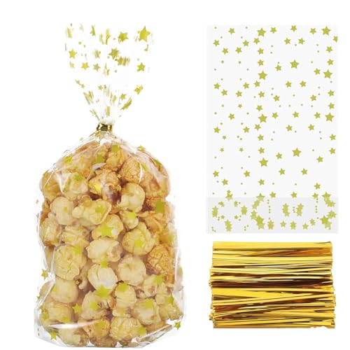 Xvbhaq 1 Packung Mit 100 Zellophanbeuteln, 27 x 12,5 cm, Mit 100 Metallbändern, Durchsichtige Plastiktüten, Geeignet Zum Einpacken Von Sternenbonbons, Keksen und Popcorn Zu Weihnachten von Xvbhaq