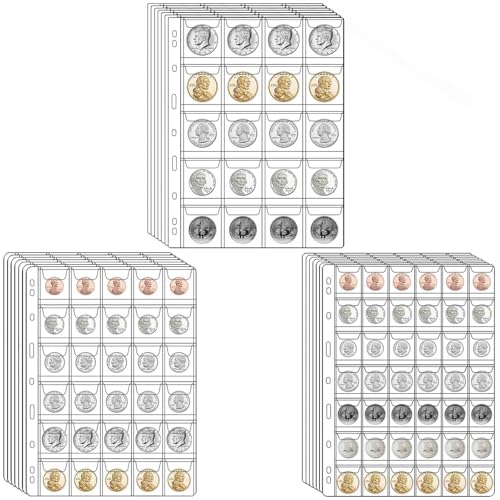 Münzsammelseiten mit 644 Taschen, 3 Größen, 21 Blatt Münzsammelbedarfsseiten mit Standard-9-Loch-Münzbinderhüllen für Münzmarken-Währungssammlung (20 + 30 + 42 Taschen) von Xxmbbjy