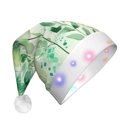Xzeit LED-Weihnachtsmütze für Erwachsene, Weihnachtsmannmütze, Aquarell, grüne Blumen, leuchtende Weihnachtsmütze, Weihnachtsfeiertagszubehör von Xzeit