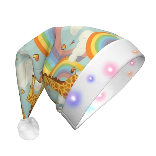 Xzeit LED-Weihnachtsmütze für Erwachsene, Weihnachtsmannmütze, Cartoon-Giraffe, Regenbogenwolken, beleuchtet, Weihnachtsmütze, Urlaub, Partyzubehör von Xzeit