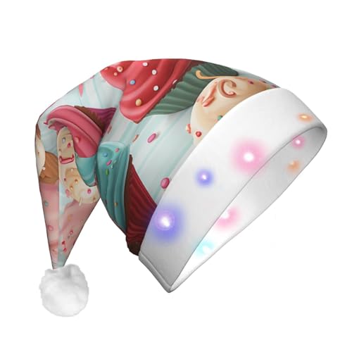 Xzeit LED-Weihnachtsmütze für Erwachsene, Weihnachtsmannmütze, bunt, süßer Cupcake, Donut, beleuchtet, Weihnachtsmütze, Urlaub, Partyzubehör von Xzeit